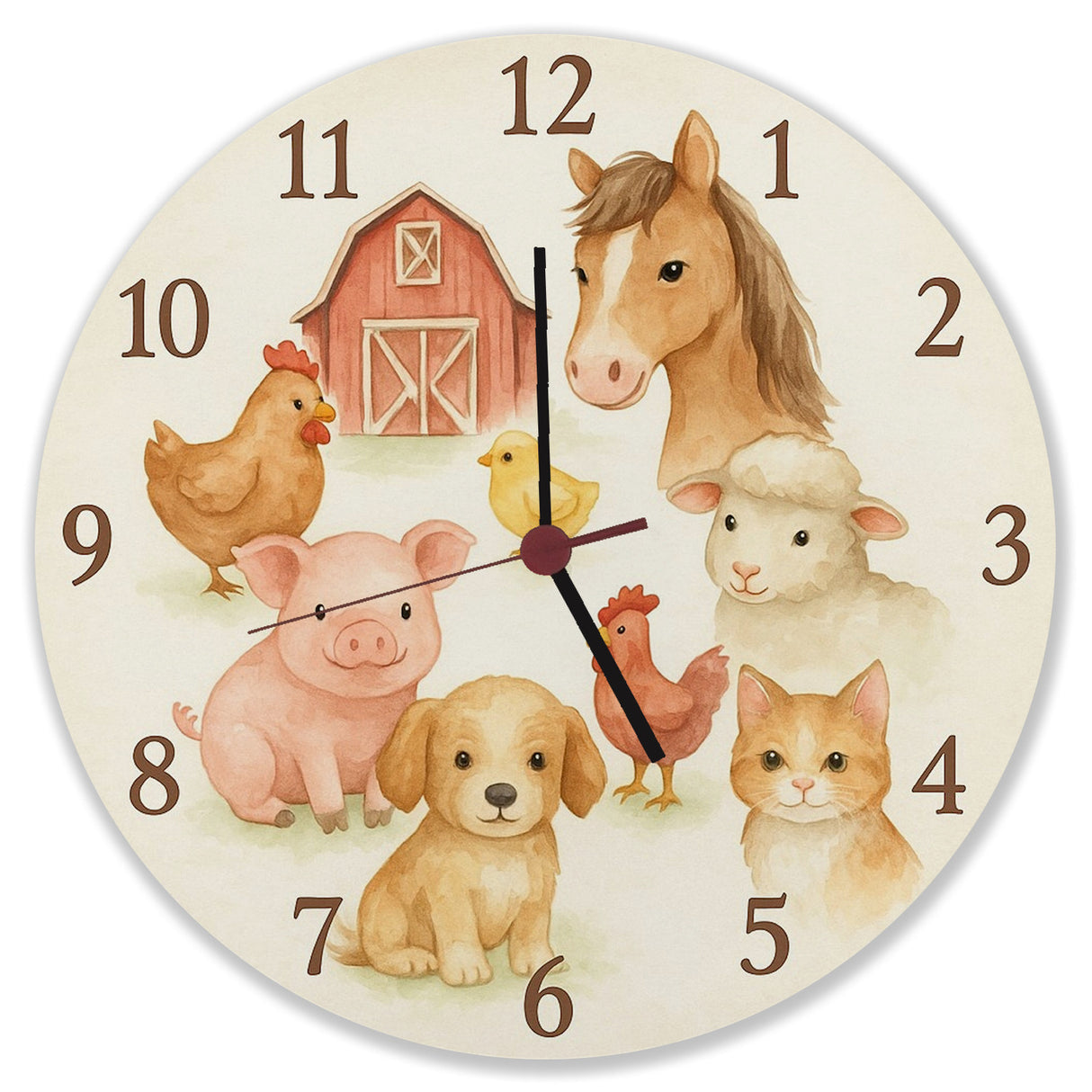 Bauernhoftiere Aquarellstil Wanduhr für Kinderzimmer