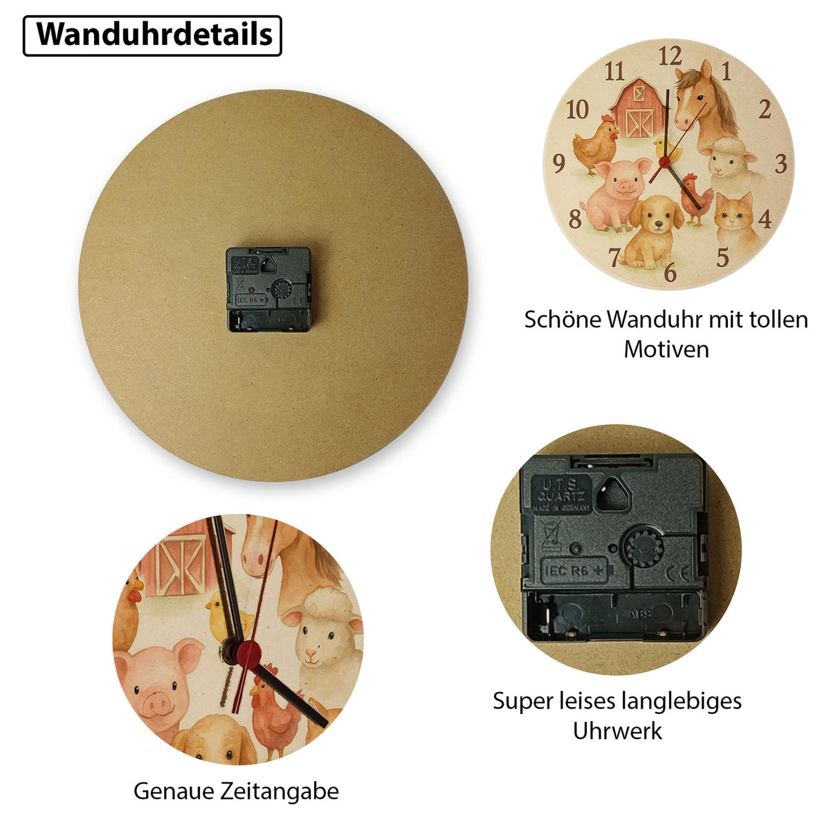 Bauernhoftiere Aquarellstil Wanduhr für Kinderzimmer