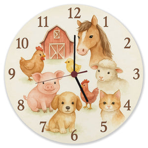 Bauernhoftiere Aquarellstil Wanduhr für Kinderzimmer