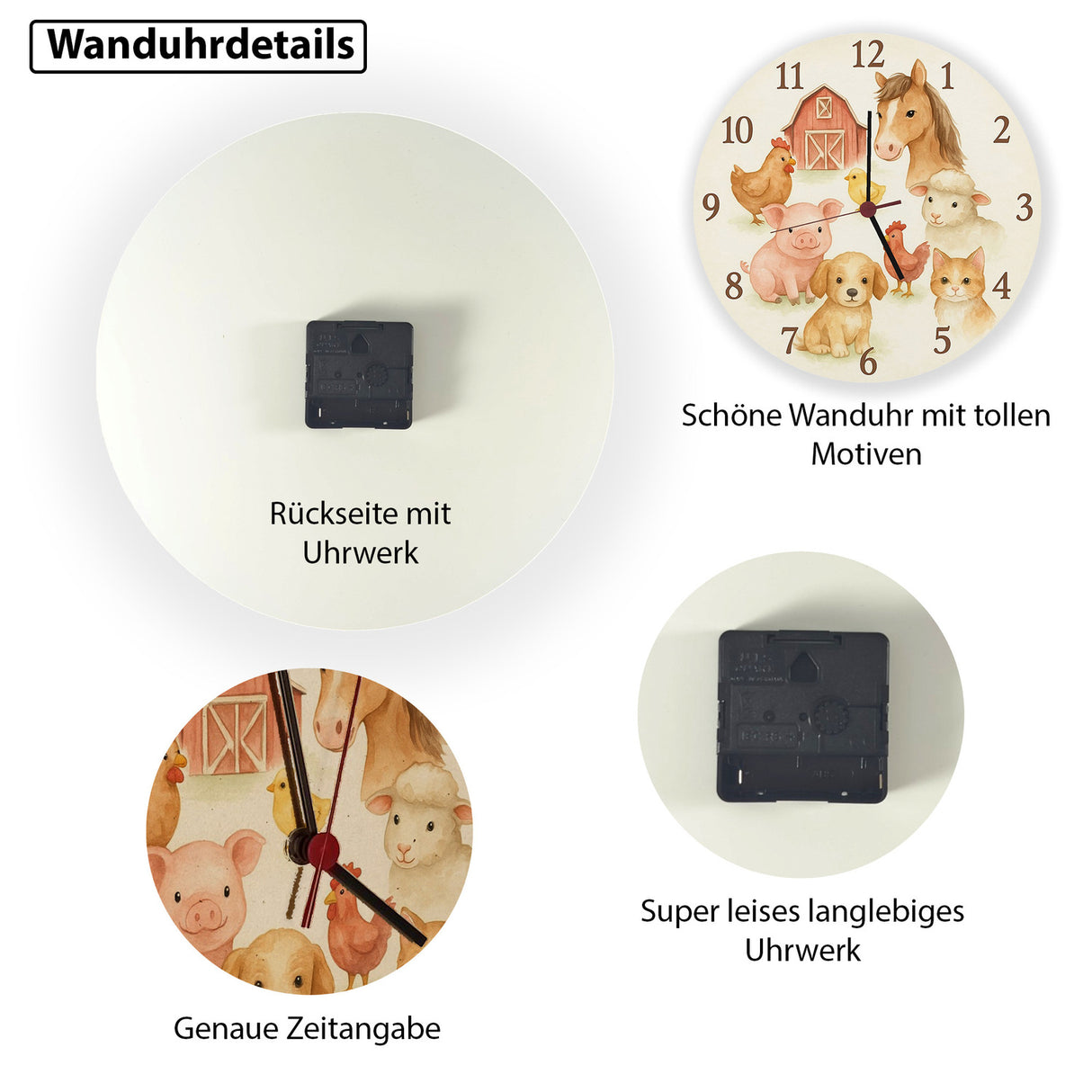 Bauernhoftiere Aquarellstil Wanduhr für Kinderzimmer