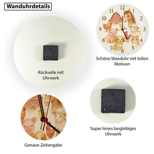 Bauernhoftiere Aquarellstil Wanduhr für Kinderzimmer
