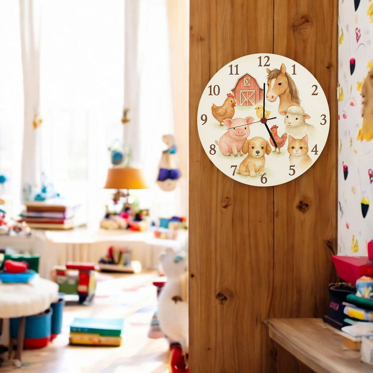 Bauernhoftiere Aquarellstil Wanduhr für Kinderzimmer