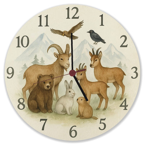Alpentiere Aquarellstil Wanduhr Tierliebhaber