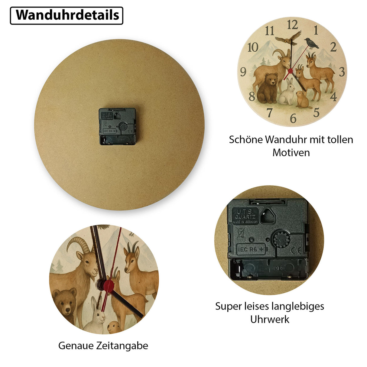 Alpentiere Aquarellstil Wanduhr Tierliebhaber