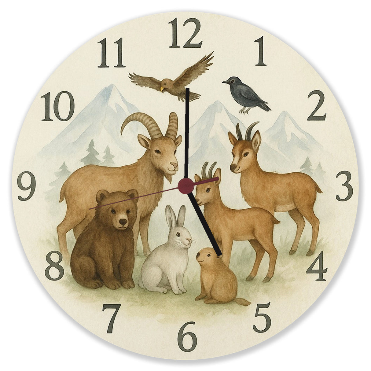 Alpentiere Aquarellstil Wanduhr Tierliebhaber