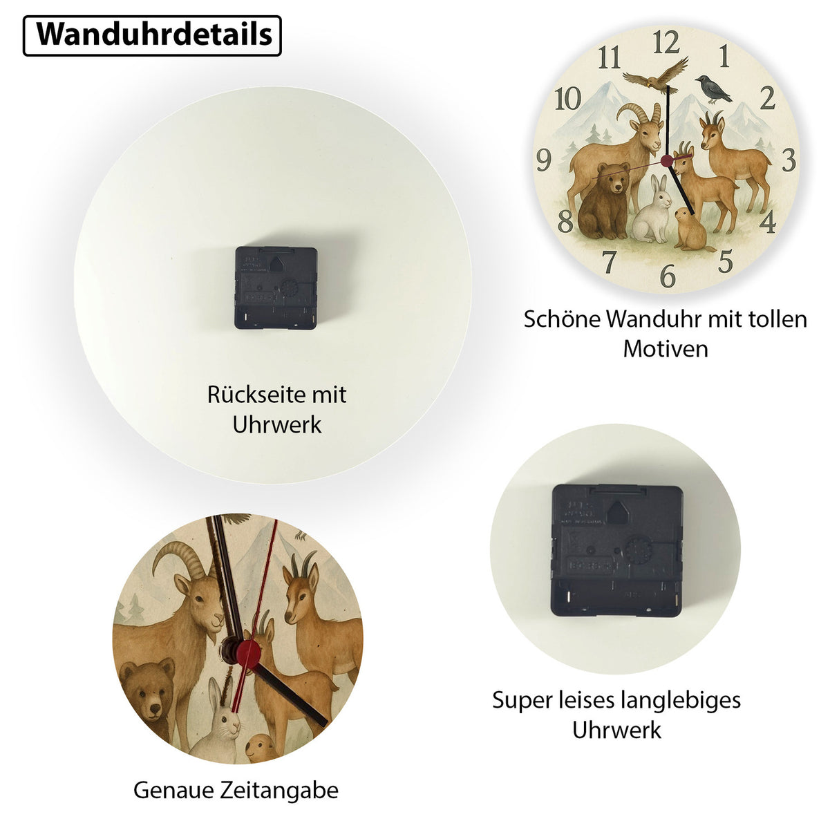 Alpentiere Aquarellstil Wanduhr Tierliebhaber