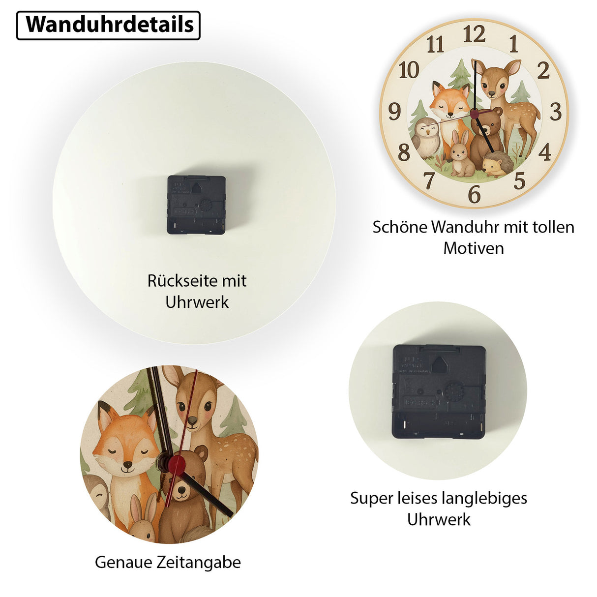 Waldtiere Aquarellstil Wanduhr für Tierliebhaber