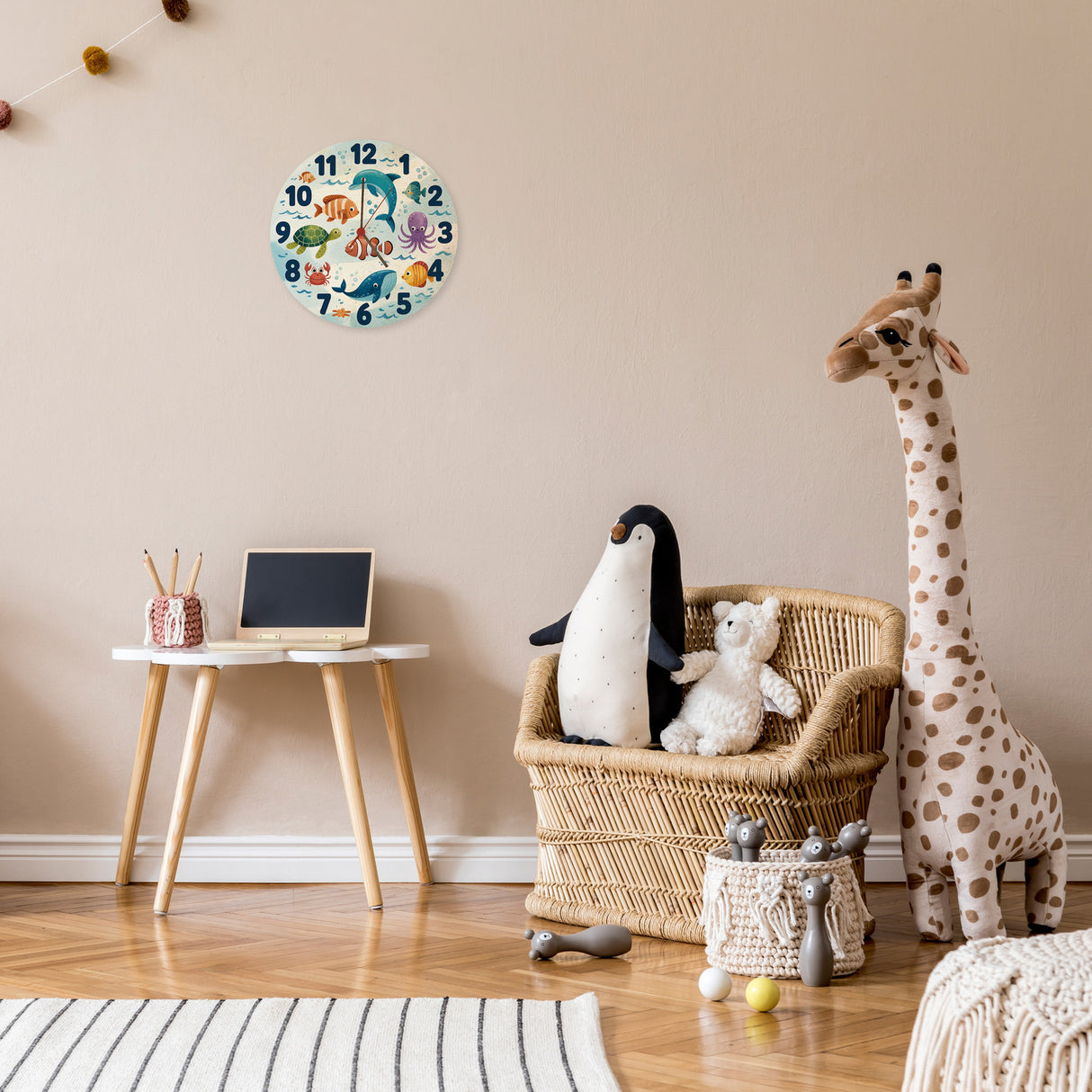 Meerestiere Aquarellstil Kinder Wanduhr