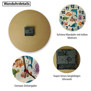 Meerestiere Aquarellstil Kinder Wanduhr
