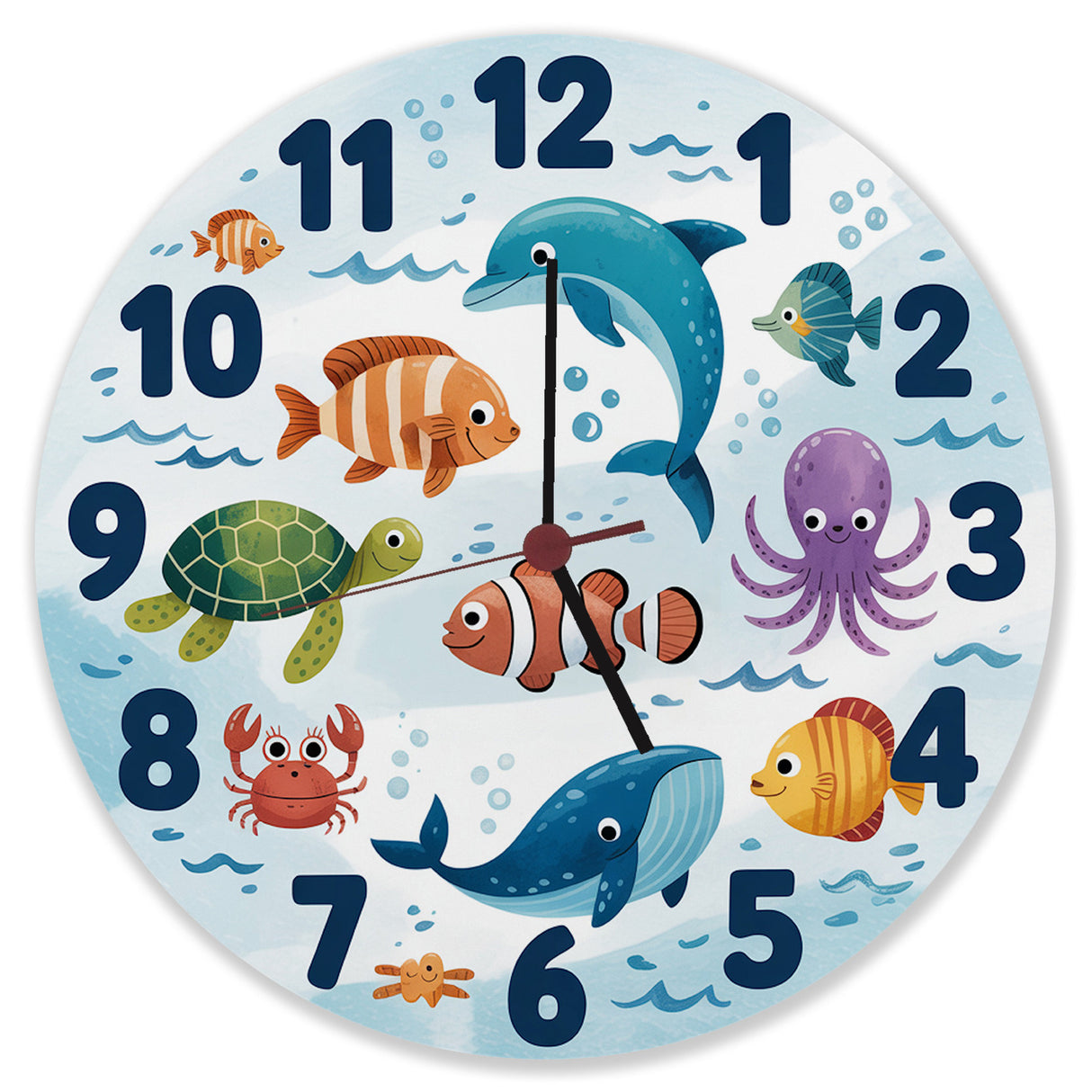 Meerestiere Aquarellstil Kinder Wanduhr