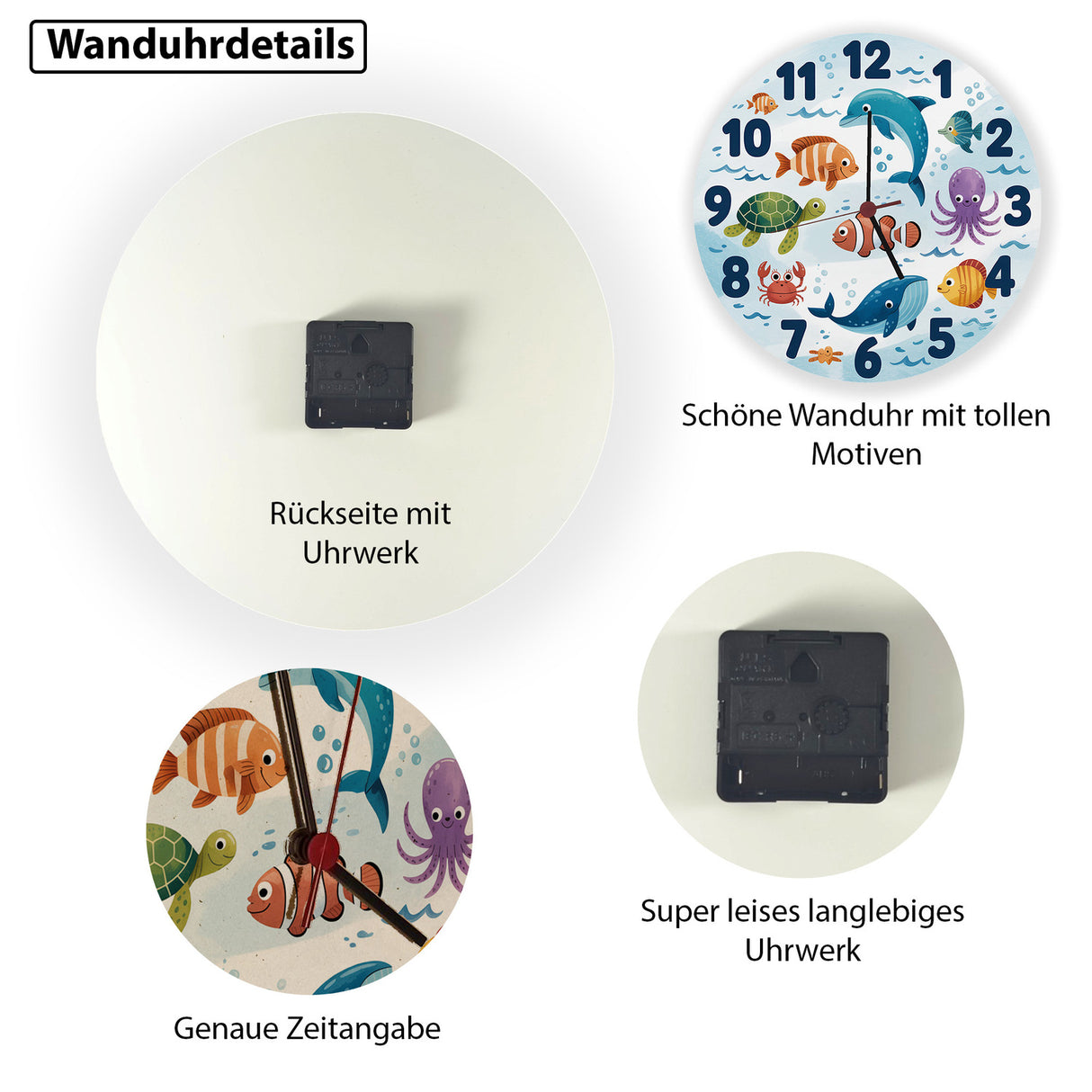 Meerestiere Aquarellstil Kinder Wanduhr