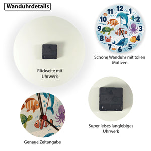 Meerestiere Aquarellstil Kinder Wanduhr