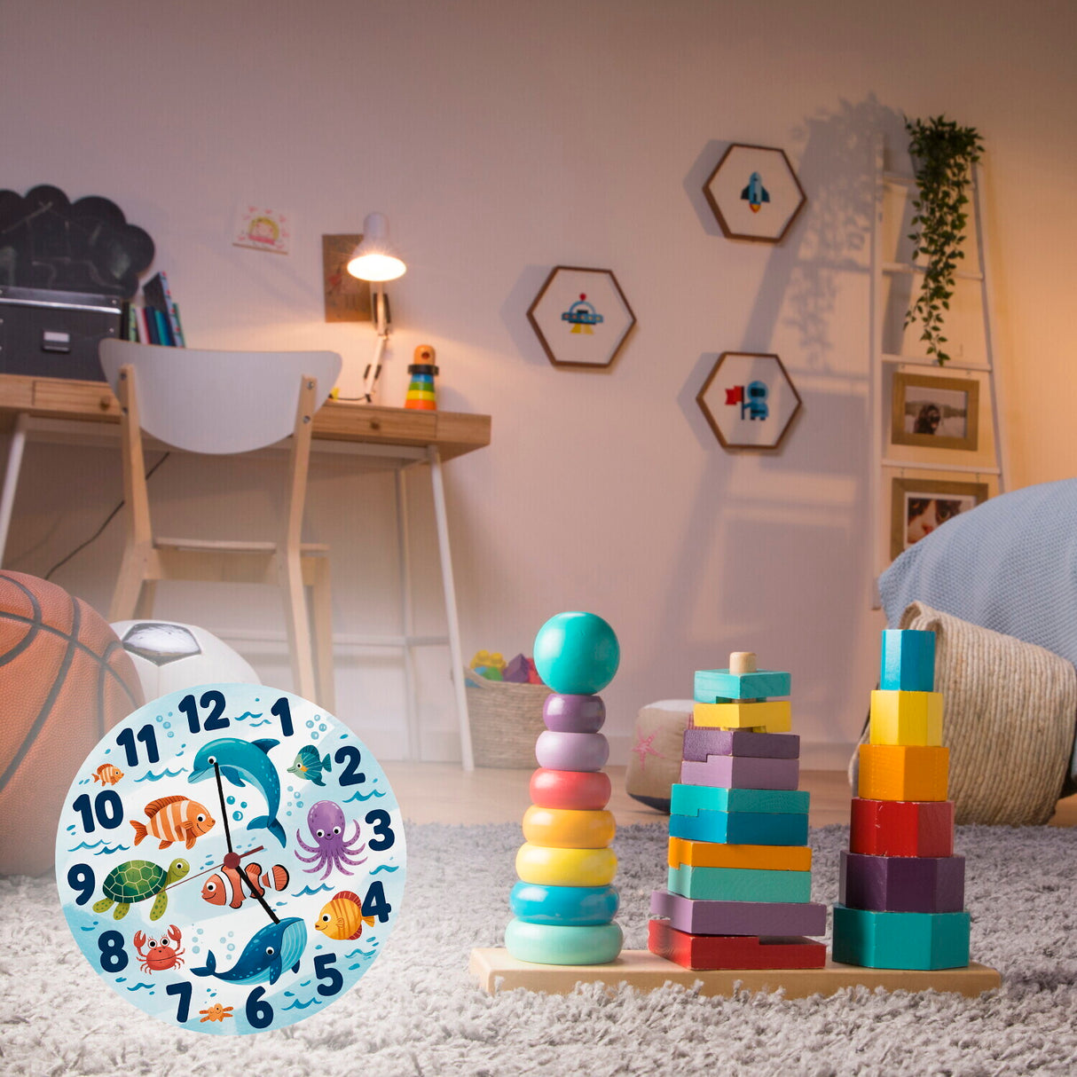 Meerestiere Aquarellstil Kinder Wanduhr