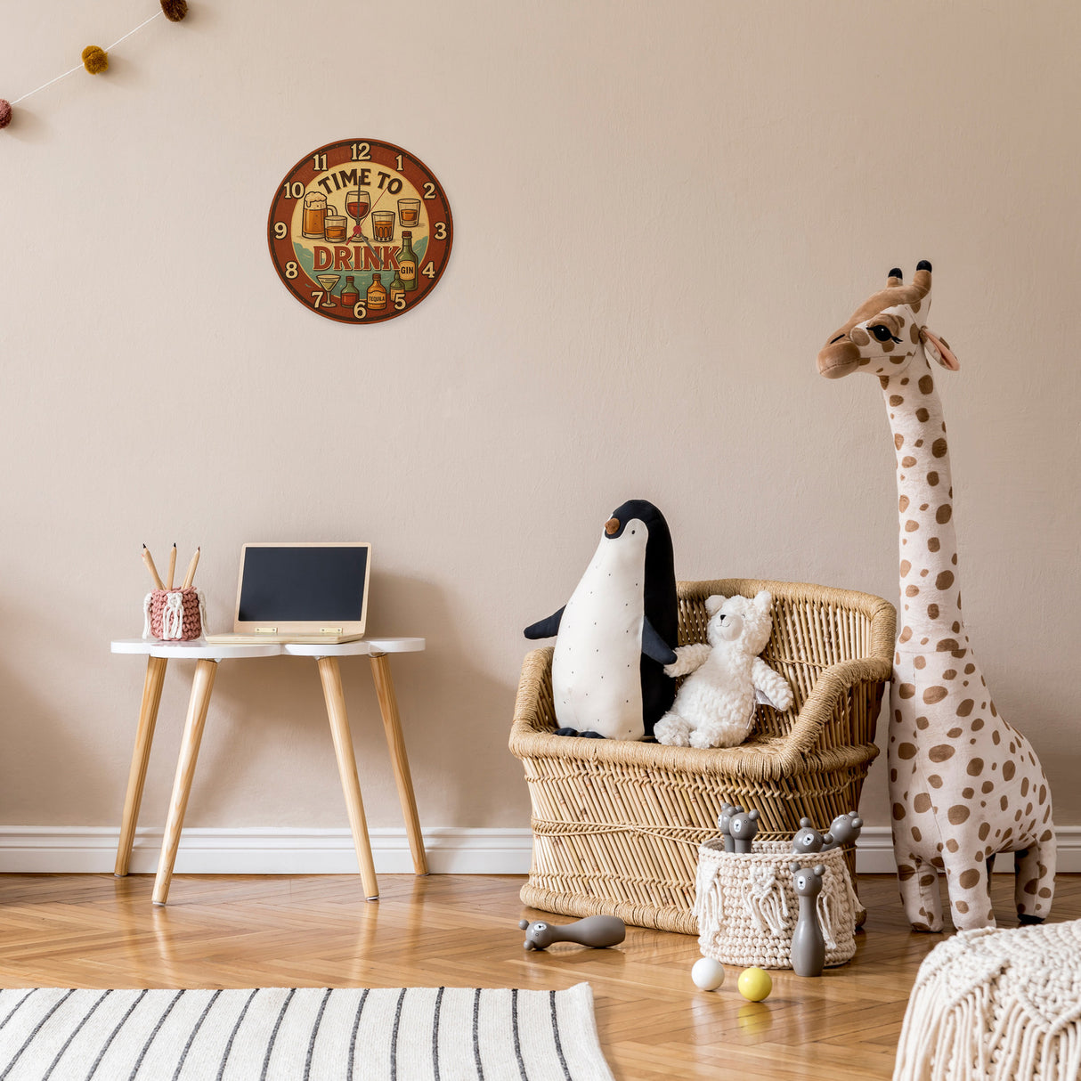 Time to drink Vintage Wanduhr Bier Weinglas