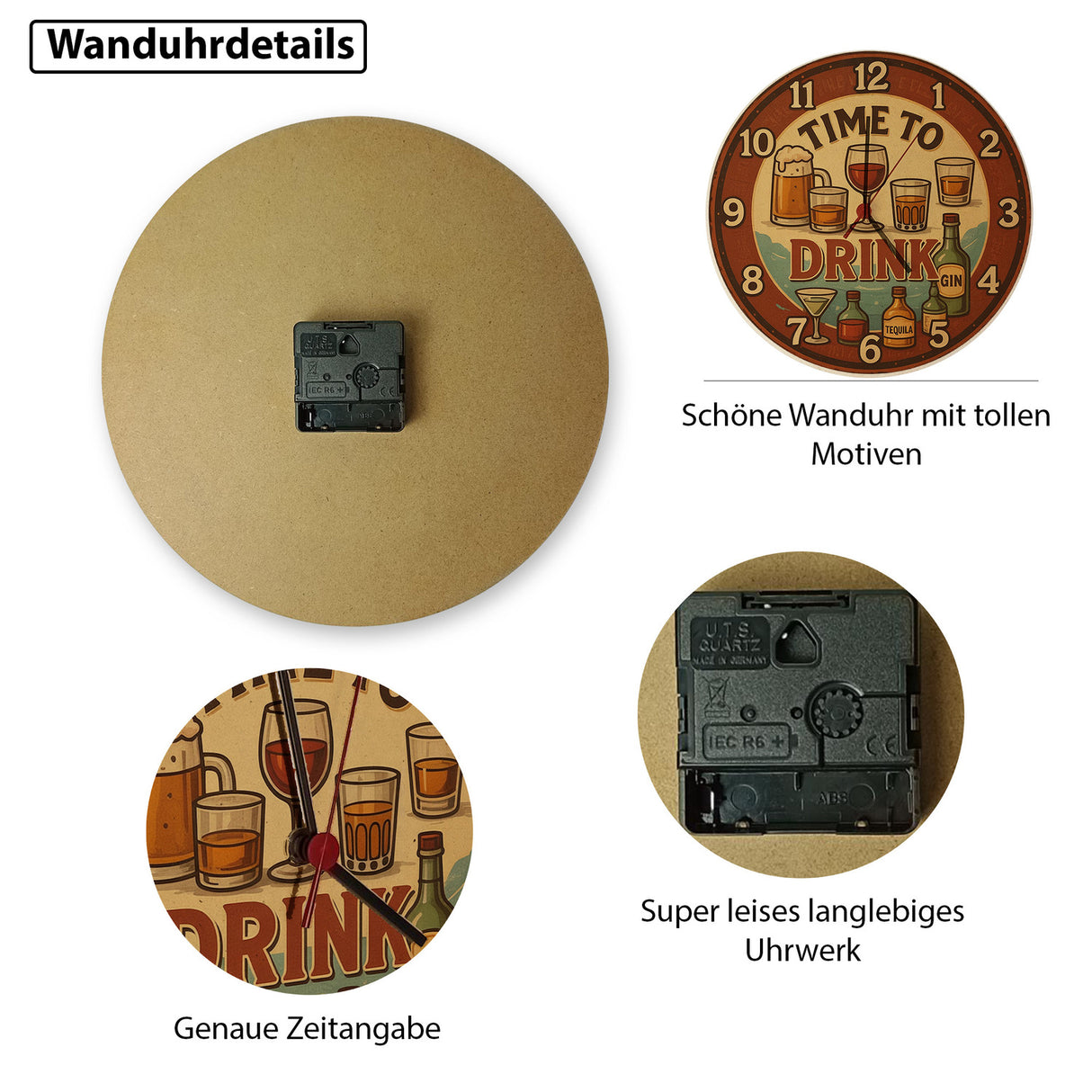 Time to drink Vintage Wanduhr Bier Weinglas