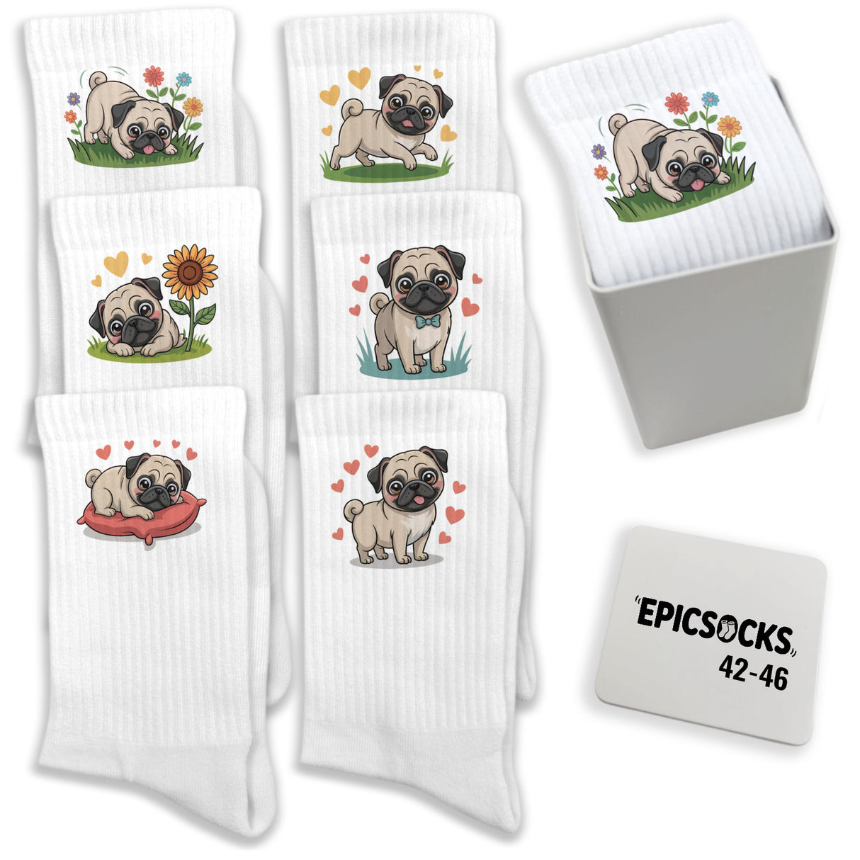 epicsocks Pug Paradise Socken in 37-41 im 6er Set in Geschenkdose im 6er Set in Geschenkbox