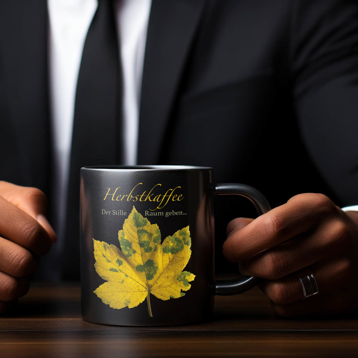 Ahornblatt Tasse in Schwarz mit Spruch: Der Stille Raum geben