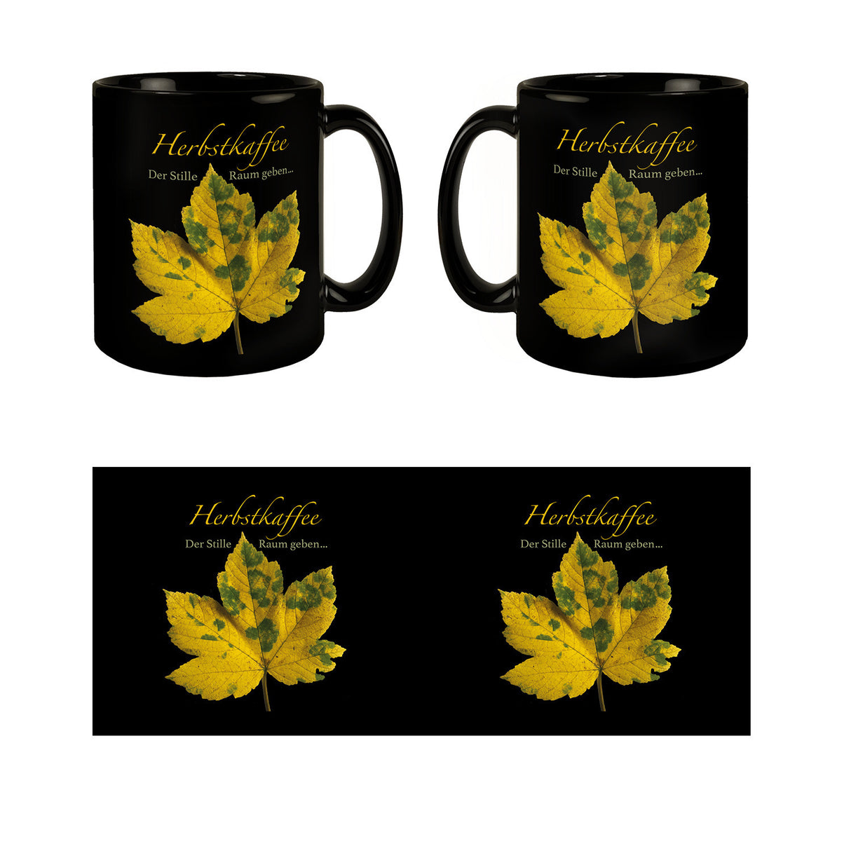 Ahornblatt Tasse in Schwarz mit Spruch: Der Stille Raum geben