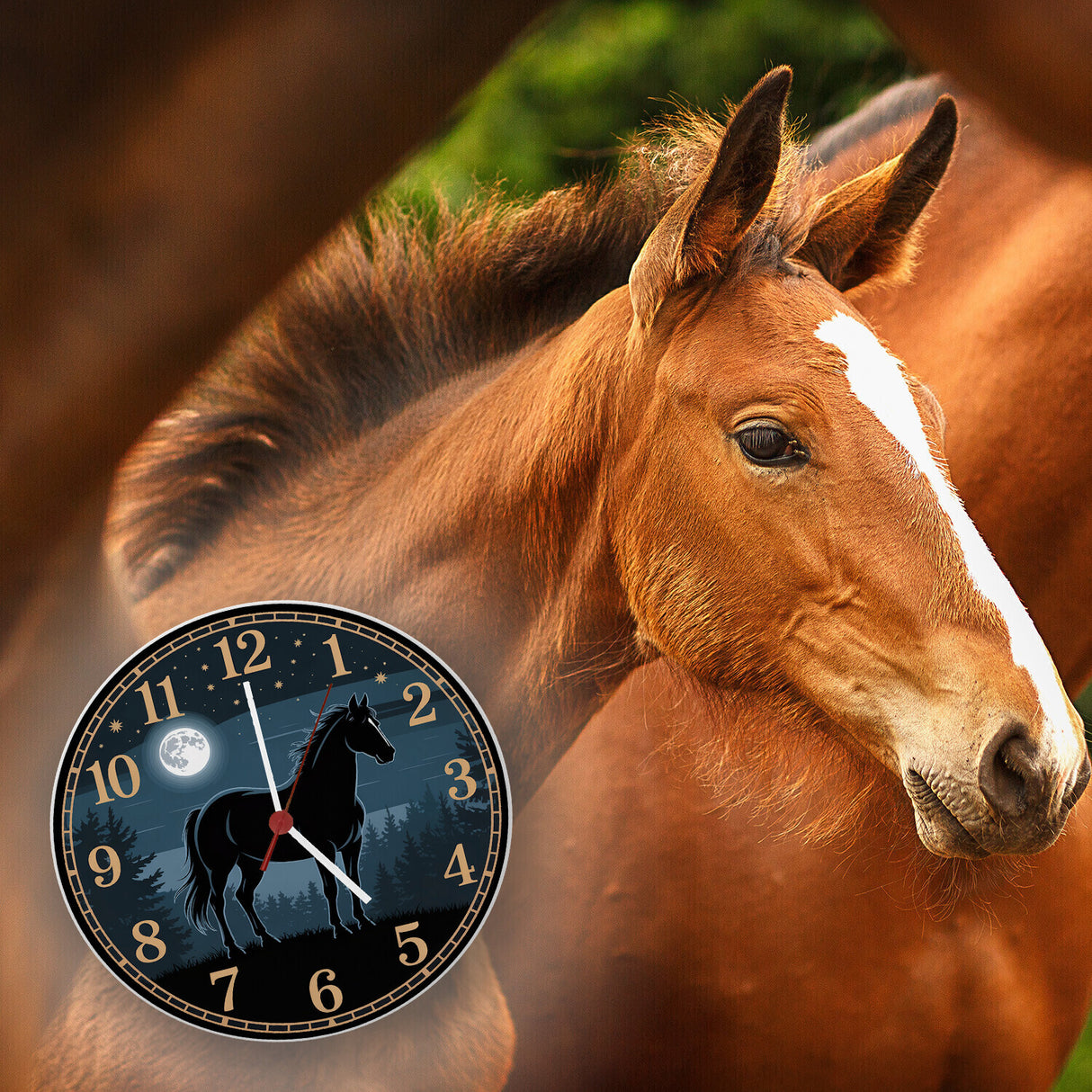 Pferdeträume Pferd Vollmond im Wald Wanduhr für Pferdefans