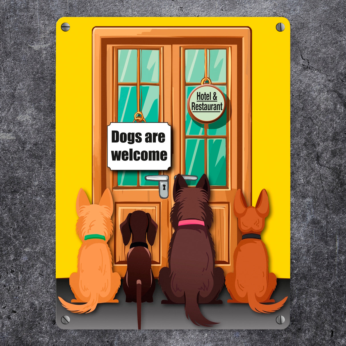 Hotel Türe Metallschild in 15x20 cm mit Spruch: Dogs are welcome