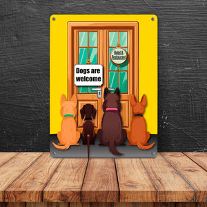 Hotel Türe Metallschild in 15x20 cm mit Spruch: Dogs are welcome