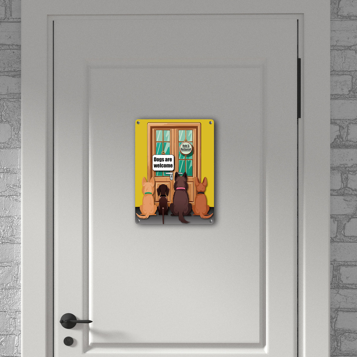 Hotel Türe Metallschild in 15x20 cm mit Spruch: Dogs are welcome