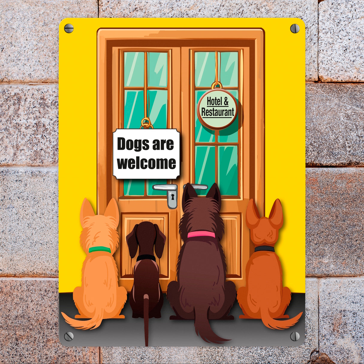 Hotel Türe Metallschild in 15x20 cm mit Spruch: Dogs are welcome