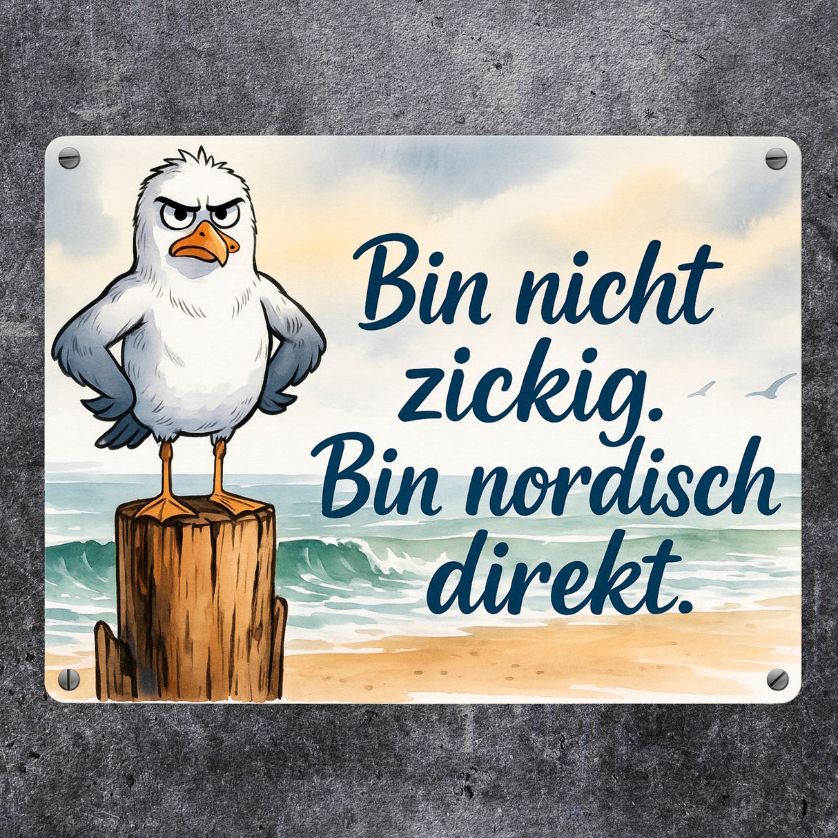 Möwe am Strand Metallschild in 15x20 cm mit nordischem Humor
