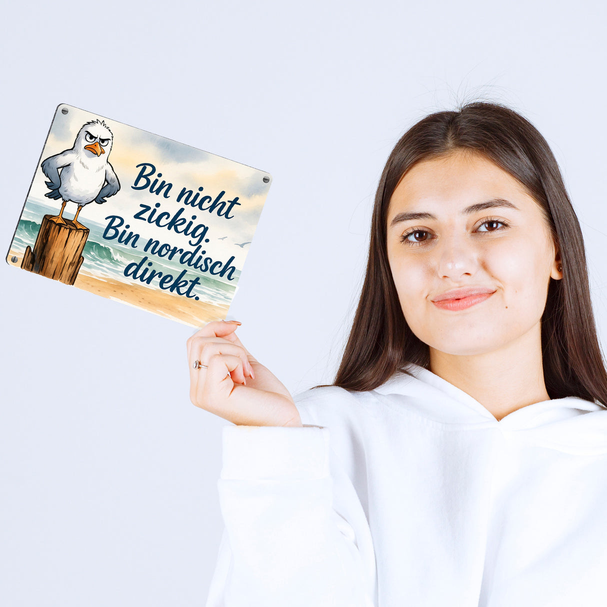 Möwe am Strand Metallschild in 15x20 cm mit nordischem Humor