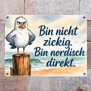 Möwe am Strand Metallschild in 15x20 cm mit nordischem Humor