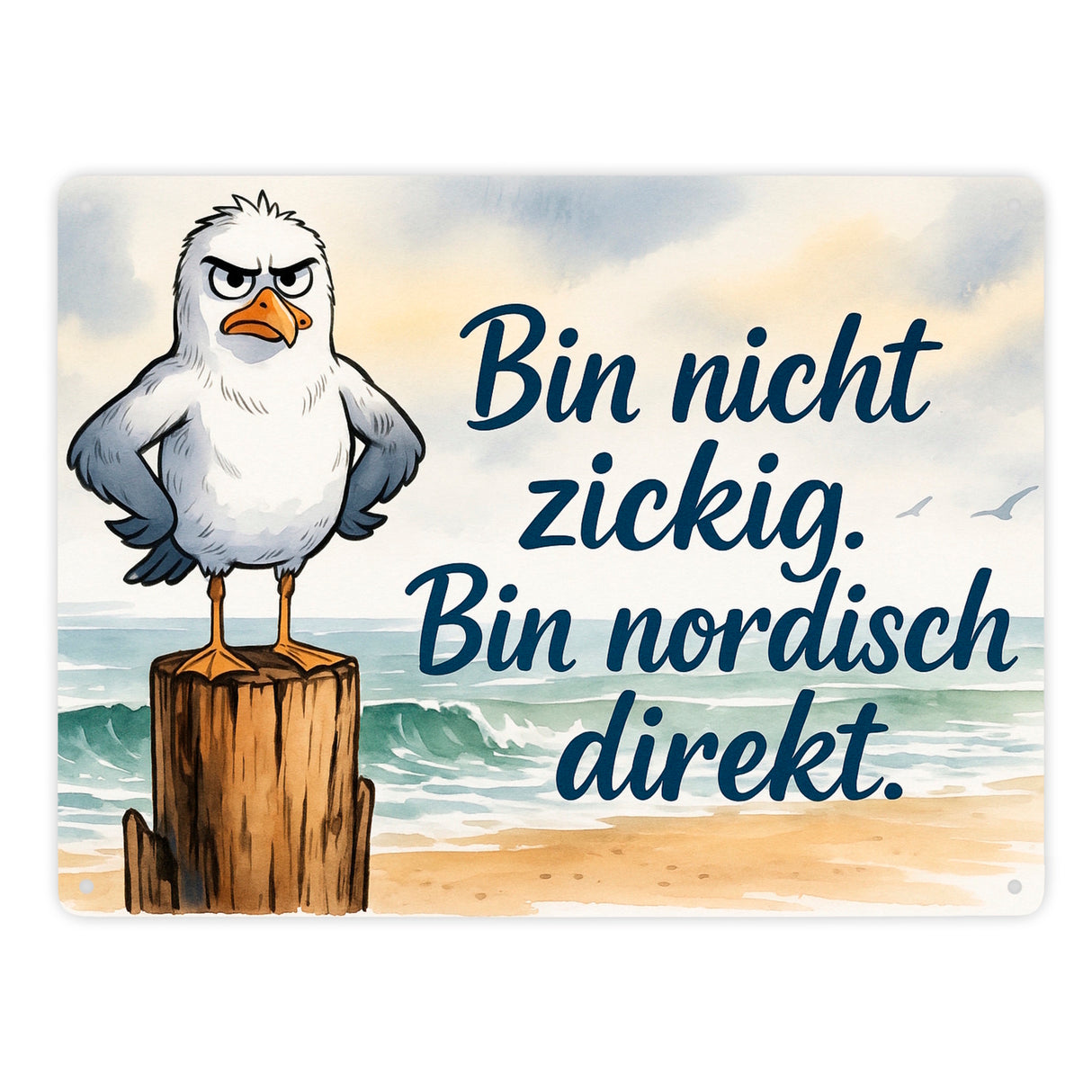 Möwe am Strand Metallschild in 15x20 cm mit nordischem Humor