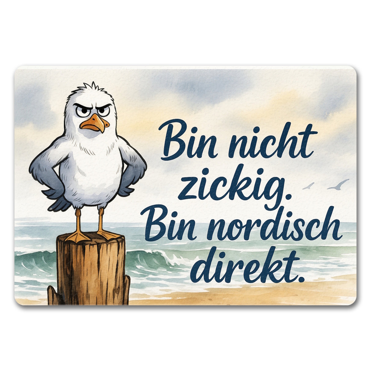 Möwe am Strand Fußmatte in 35x50 cm ohne Rand mit nordischem Humor