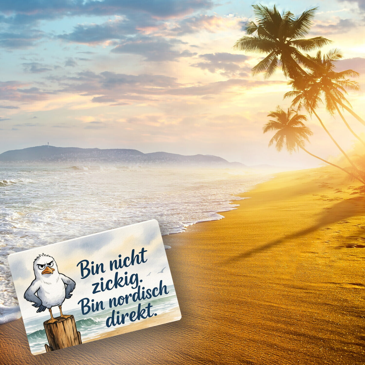 Möwe am Strand Fußmatte in 35x50 cm ohne Rand mit nordischem Humor