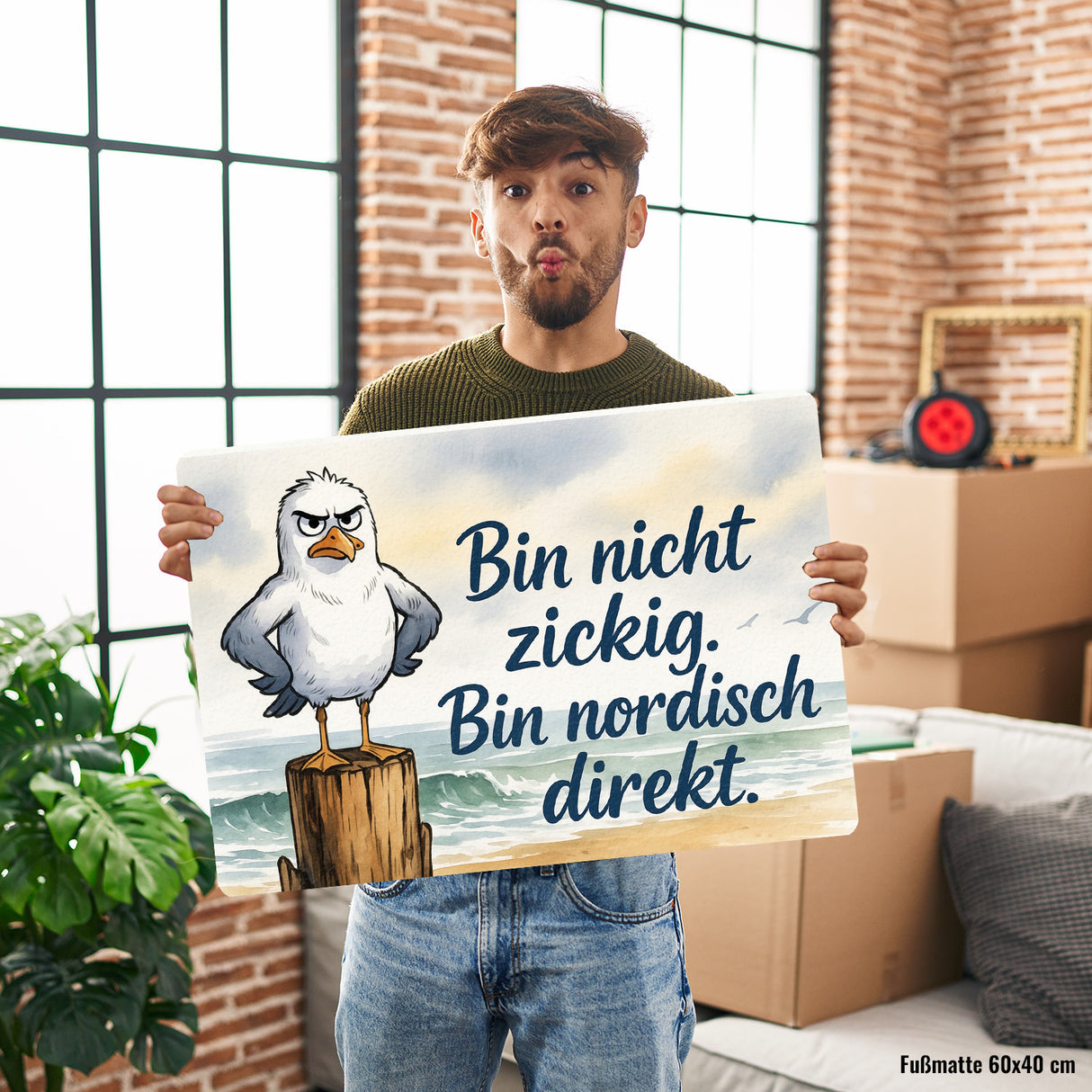Möwe am Strand Fußmatte in 35x50 cm ohne Rand mit nordischem Humor