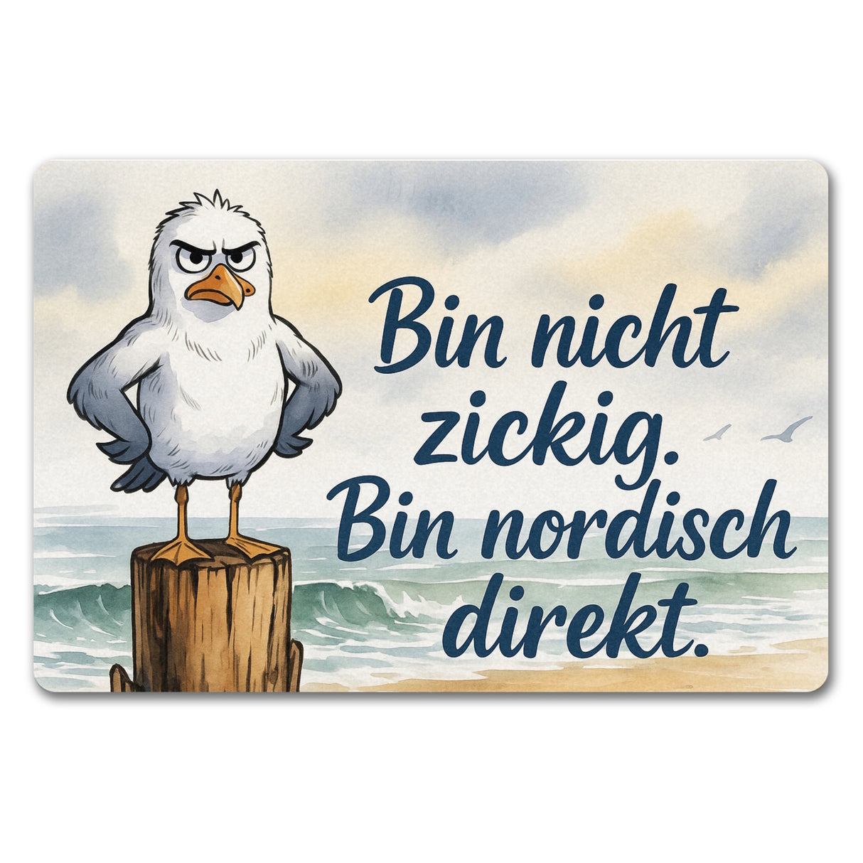 Möwe am Strand Fußmatte in 35x50 cm ohne Rand mit nordischem Humor