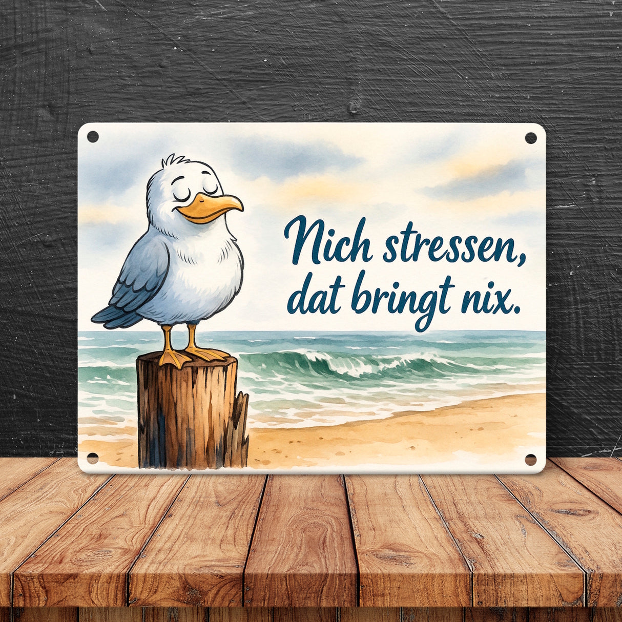 Möwe Nich stressen auf Aquarell Metallschild in 15x20 cm