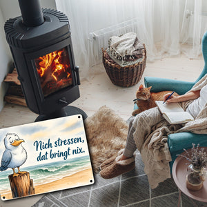 Möwe Nich stressen auf Aquarell Metallschild in 15x20 cm