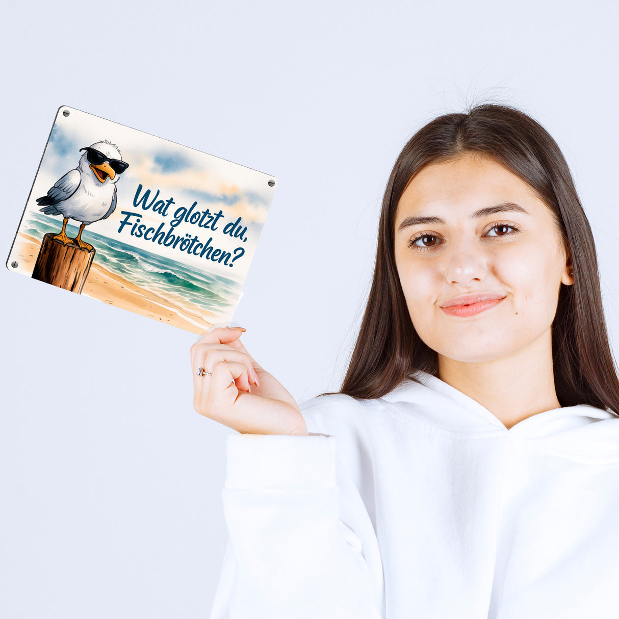 Wat glotzt du, Fischbrötchen? Möwe mit Sonnenbrille Metallschild in 15x20 cm