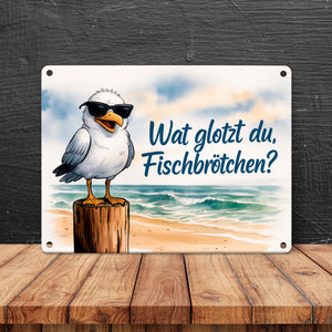 Wat glotzt du, Fischbrötchen? Möwe mit Sonnenbrille Metallschild in 15x20 cm