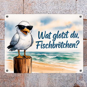 Wat glotzt du, Fischbrötchen? Möwe mit Sonnenbrille Metallschild in 15x20 cm