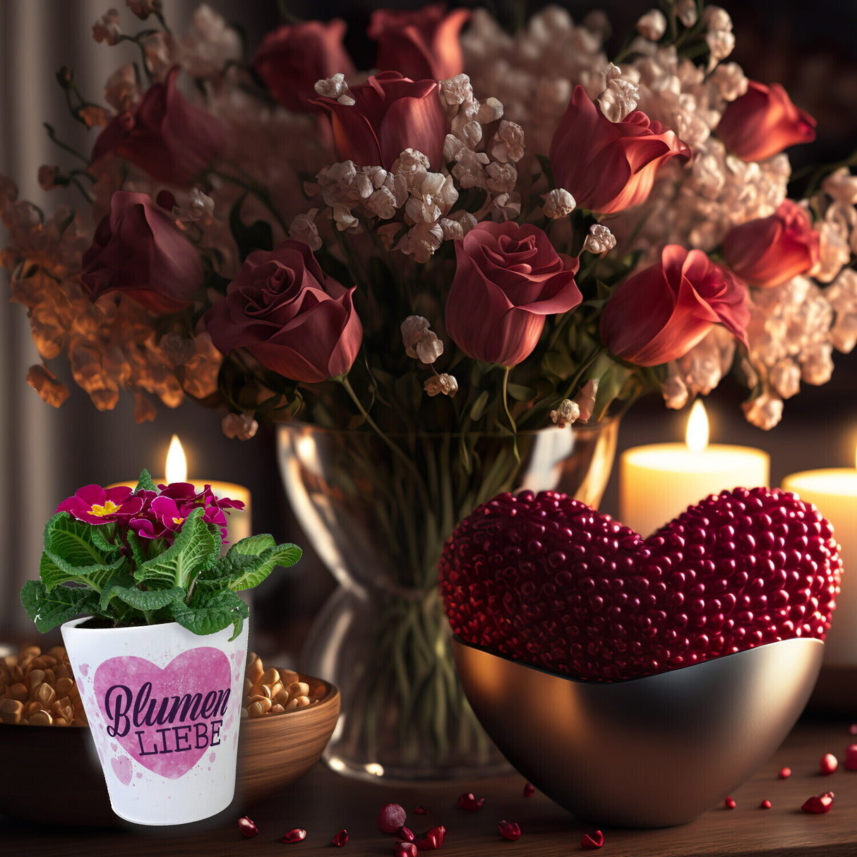 Blumenliebe mit rosa Herzen Blumentopf
