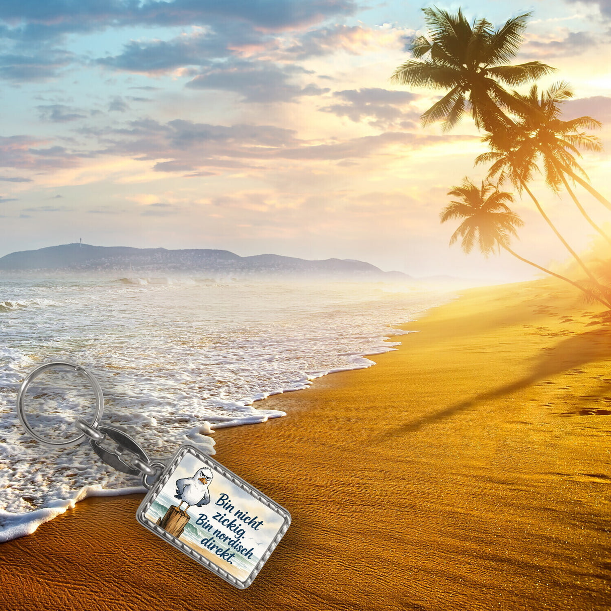 Möwe am Strand Schlüsselanhänger mit nordischem Humor