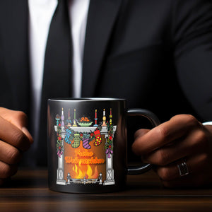 Weihnachtlicher Kamin Tasse in Schwarz mit Spruch Frohe Weihnachten