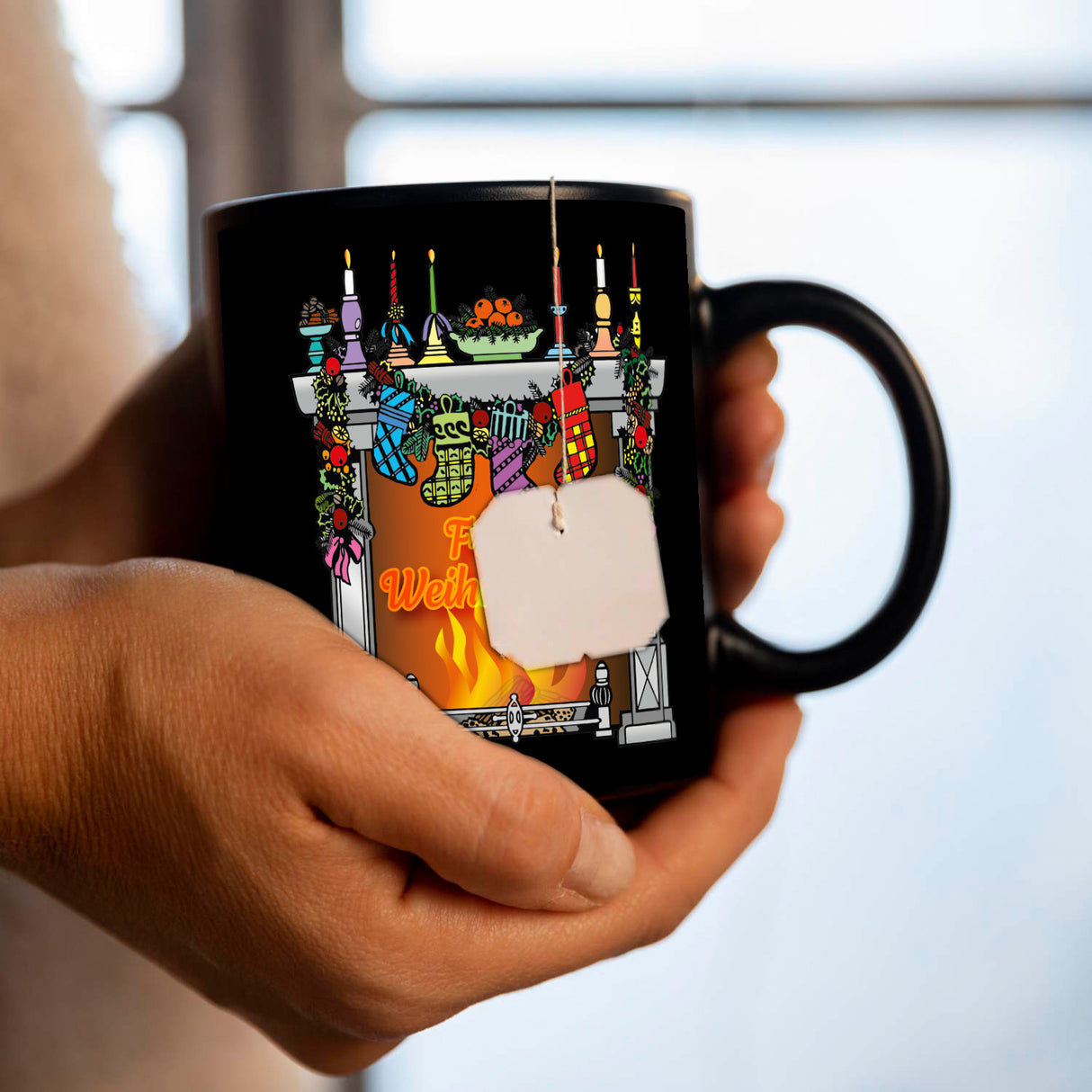 Weihnachtlicher Kamin Tasse in Schwarz mit Spruch Frohe Weihnachten