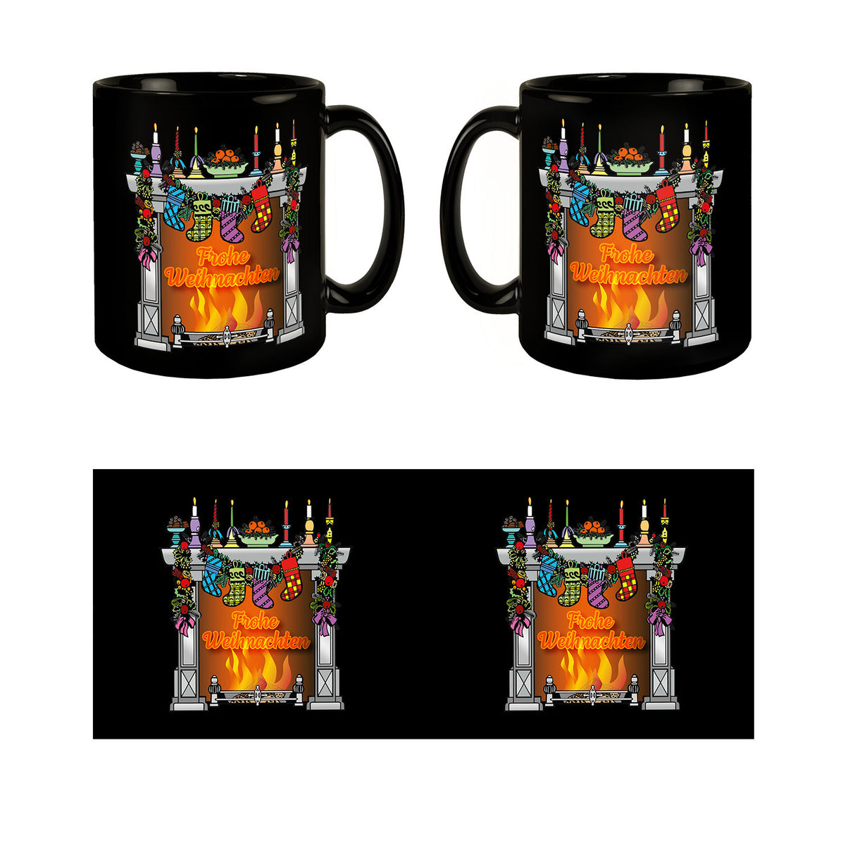 Weihnachtlicher Kamin Tasse in Schwarz mit Spruch Frohe Weihnachten