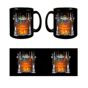 Weihnachtlicher Kamin Tasse in Schwarz mit Spruch Frohe Weihnachten