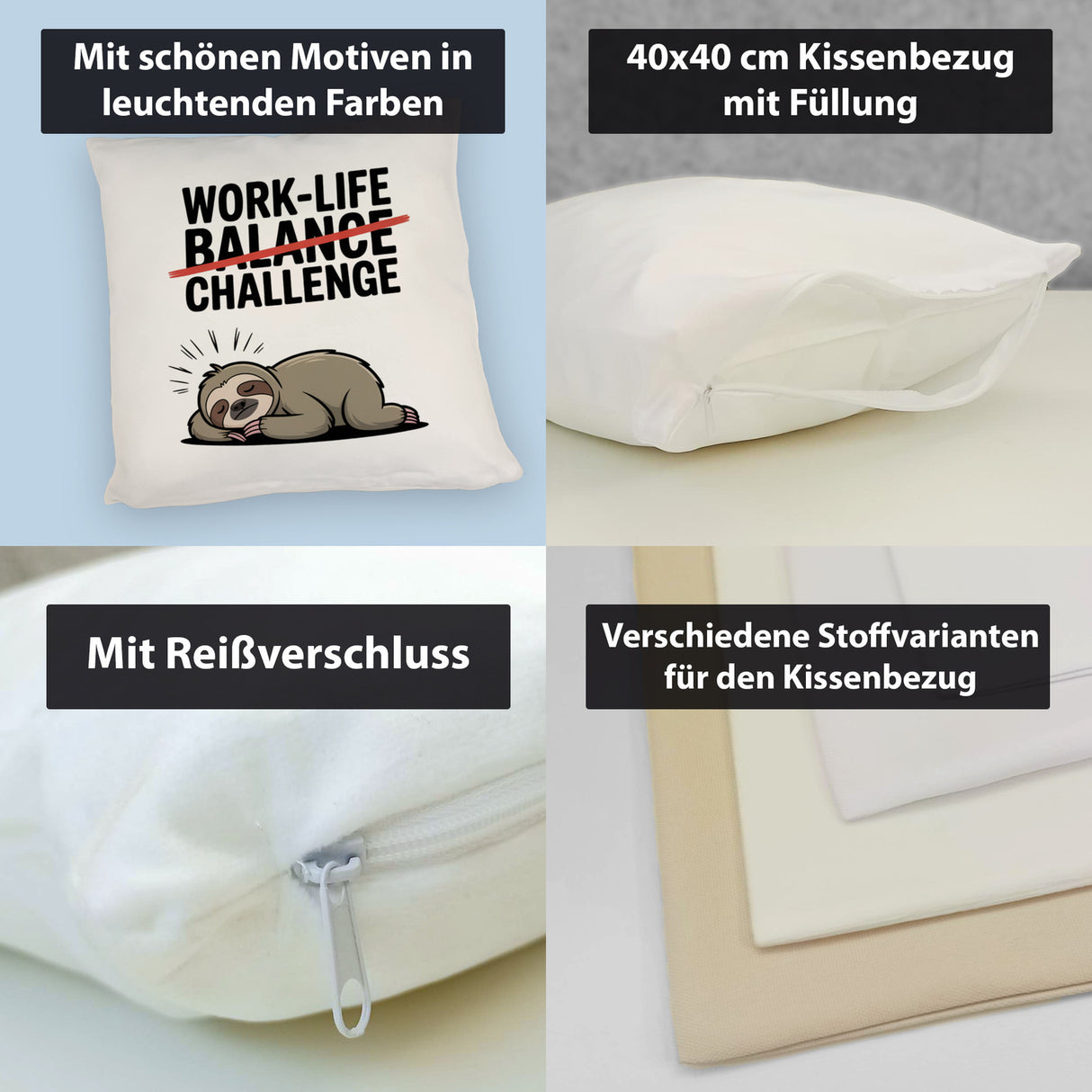 Work-Life Balance/Challenge Kissen mit Faultier