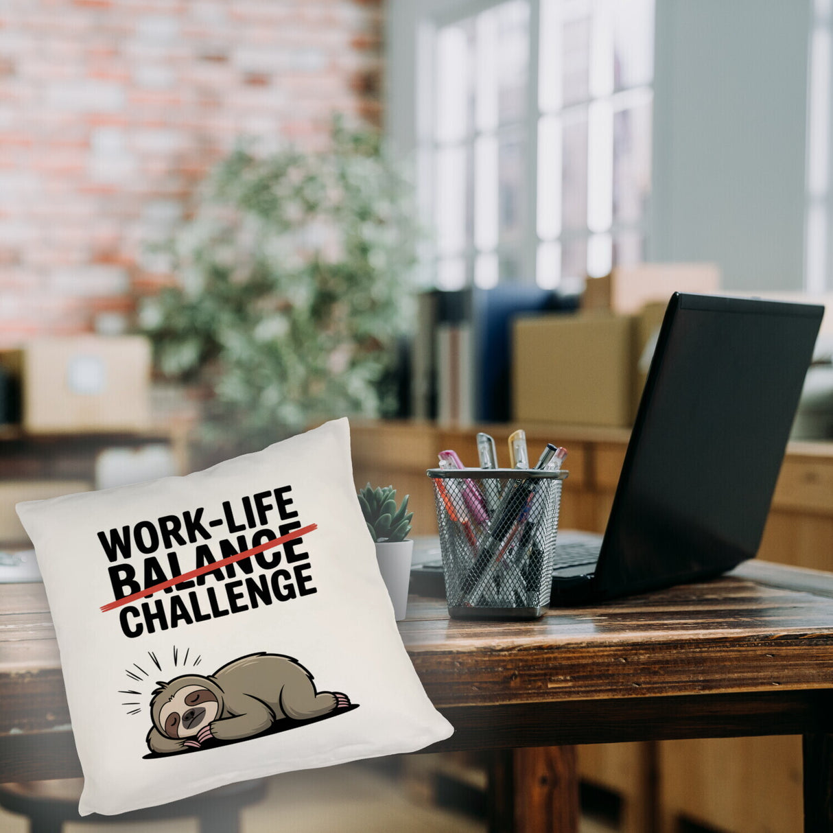 Work-Life Balance/Challenge Kissen mit Faultier
