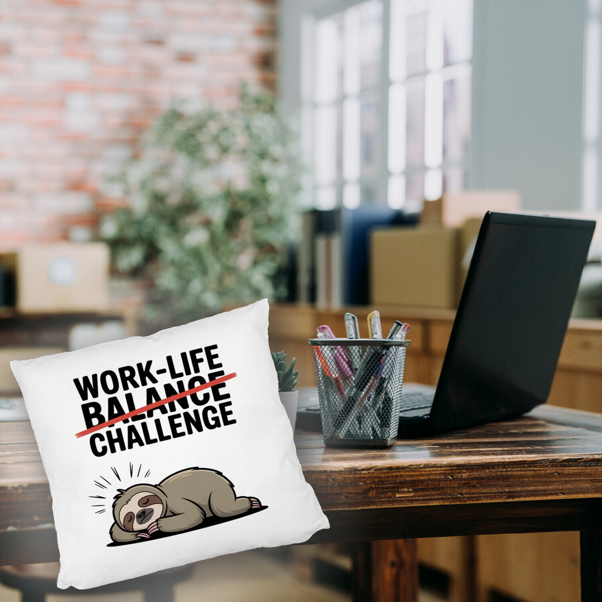 Work-Life Balance/Challenge Kissen mit Faultier