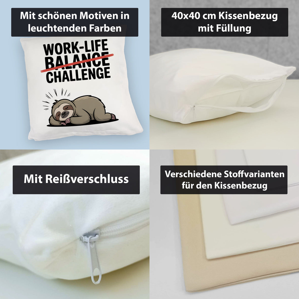 Work-Life Balance/Challenge Kissen mit Faultier